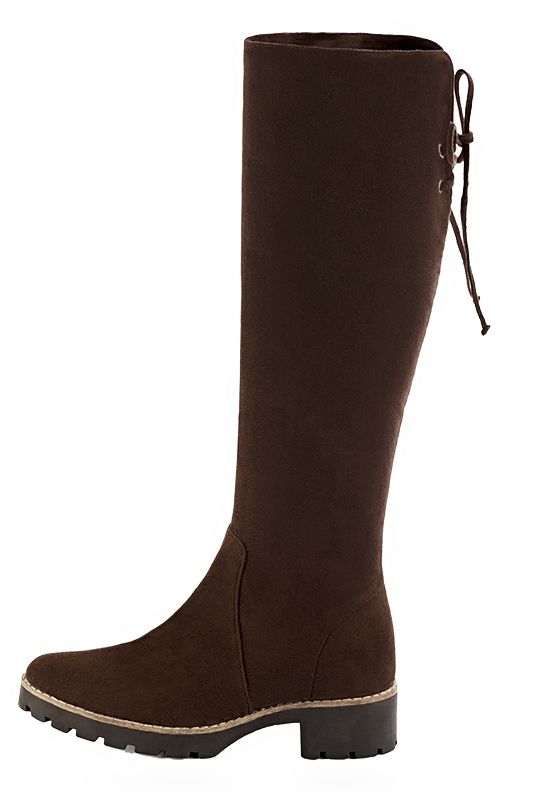 Dark brown women's knee-high boots, with laces at the back. Round toe. Low rubber soles. Made to measure. Profile view - Florence KOOIJMAN